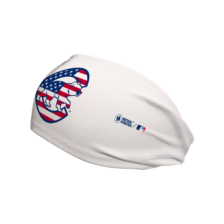 Side view of MLB  Chicago Cubs white headband with flag filled cap logo. Made in USA, Vertical Athletics brand. 