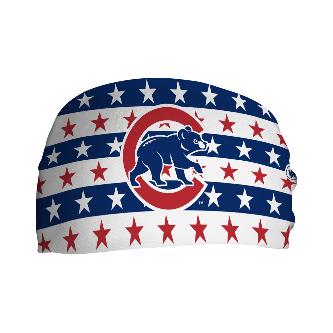 Front view of MLB Chicago Cubs stars &amp; stripes headband with cap logo. Made in USA, Vertical Athletics brand. 