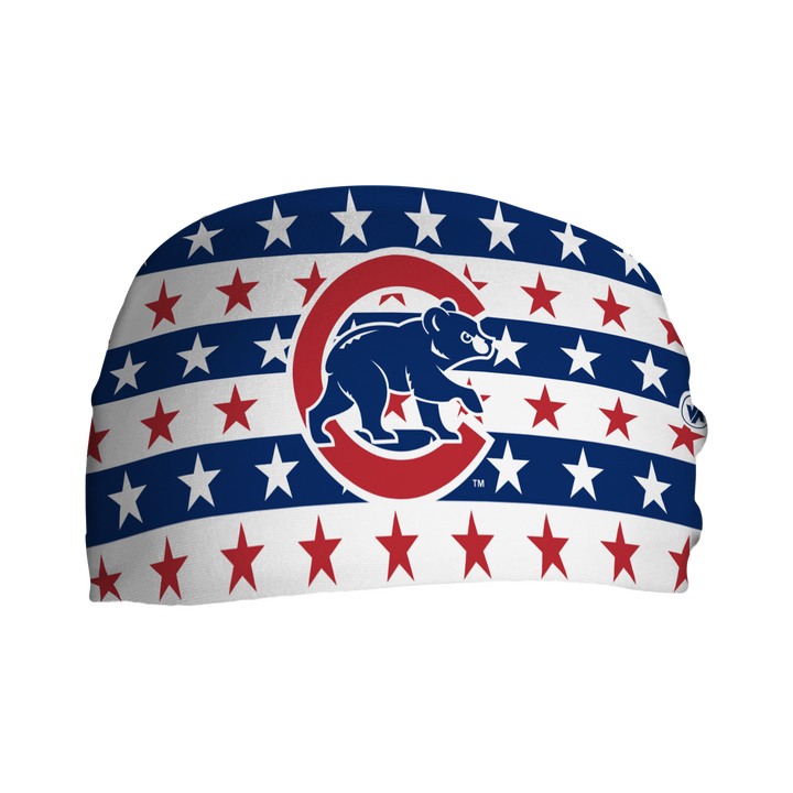 Front view of MLB Chicago Cubs stars &amp; stripes headband with cap logo. Made in USA, Vertical Athletics brand. 