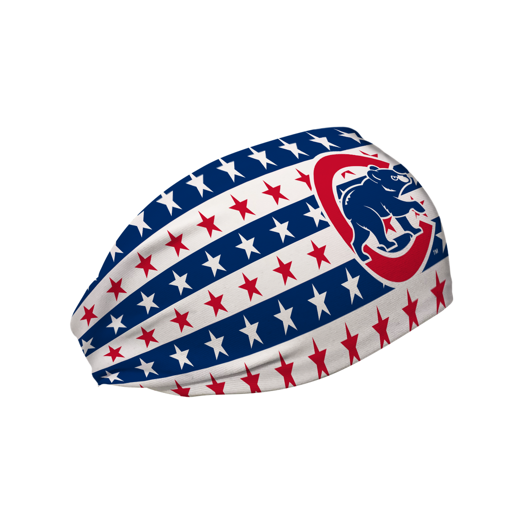 Side view of MLB Chicago Cubs stars & stripes headband with cap logo. Made in USA, Vertical Athletics brand. 
