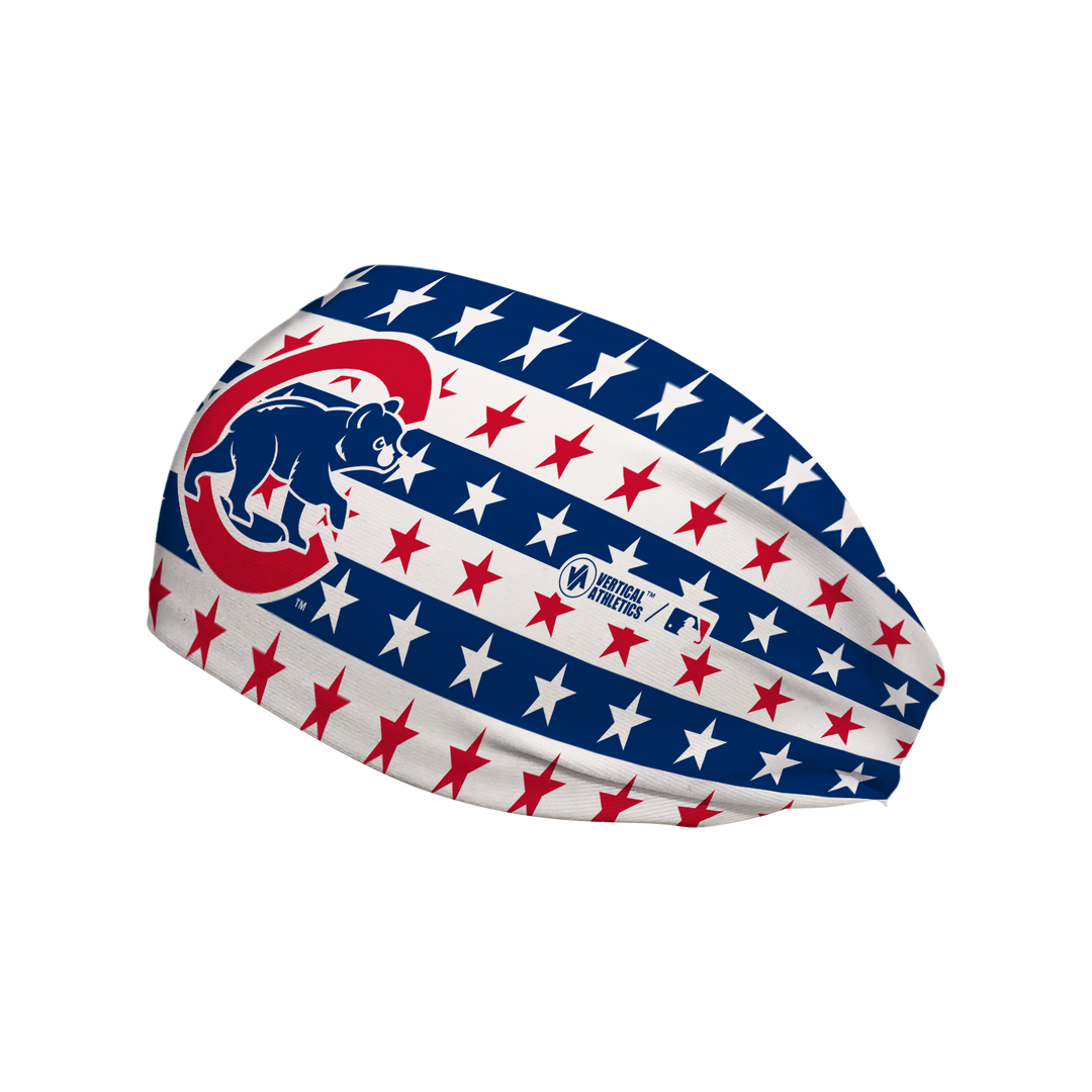 Side view of MLB Chicago Cubs stars &amp; stripes headband with cap logo. Made in USA, Vertical Athletics brand. 
