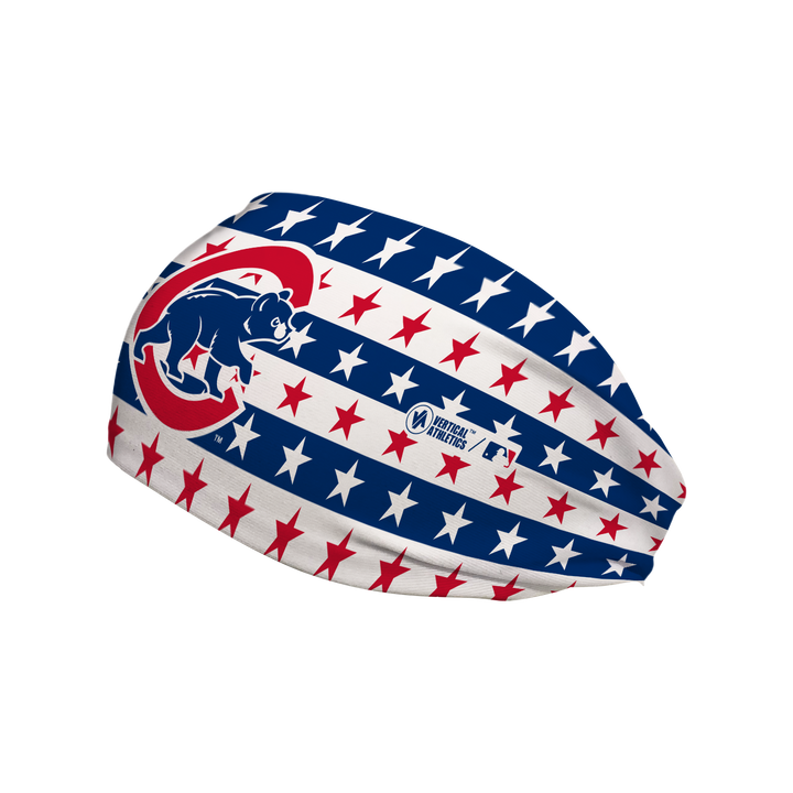 Side view of MLB Chicago Cubs stars &amp; stripes headband with cap logo. Made in USA, Vertical Athletics brand. 