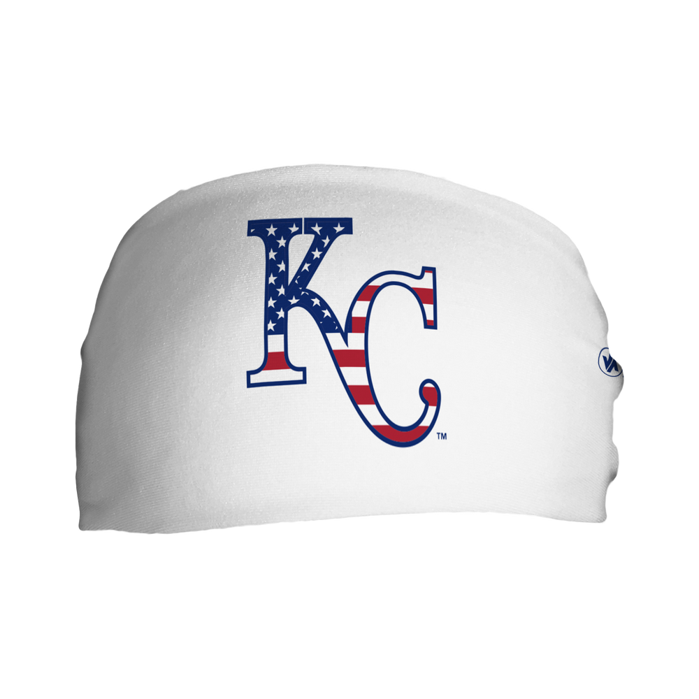 Front view of MLB Kansas City Royals white headband with flag filled cap logo. Made in USA, Vertical Athletics brand. 