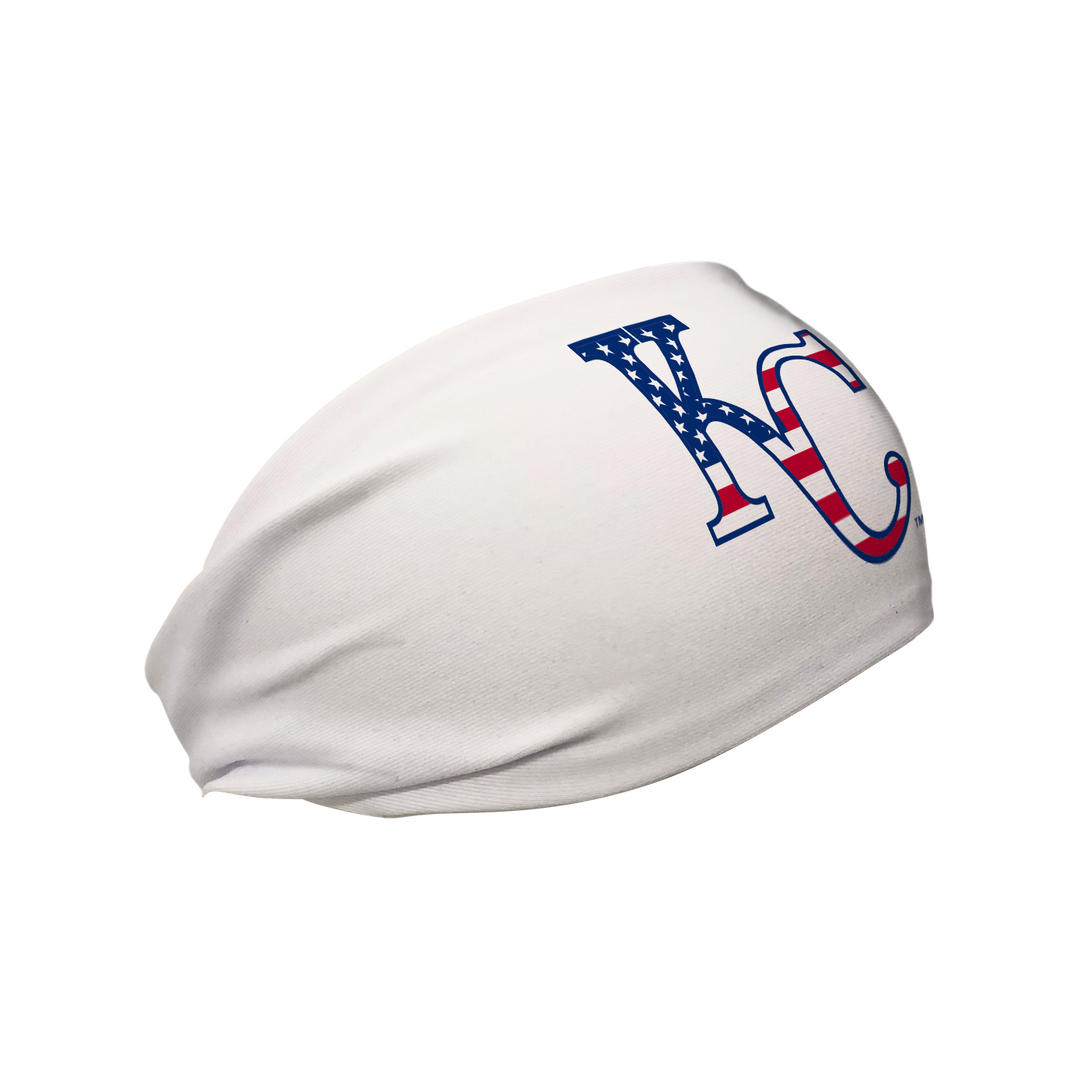 Side view of MLB Kansas City Royals white headband with flag filled cap logo. Made in USA, Vertical Athletics brand.  