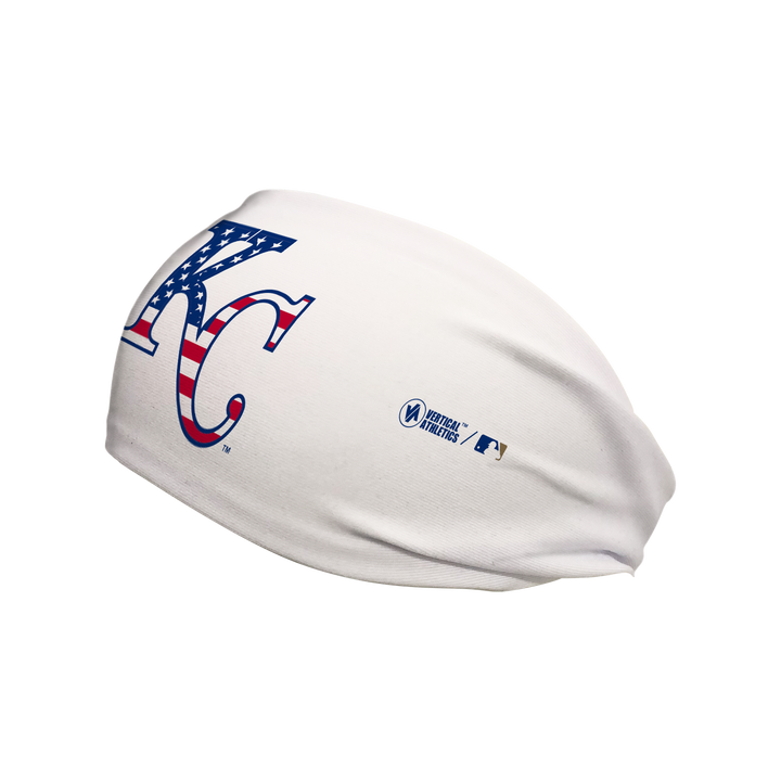 Side view of MLB Kansas City Royals white headband with flag filled cap logo. Made in USA, Vertical Athletics brand. 