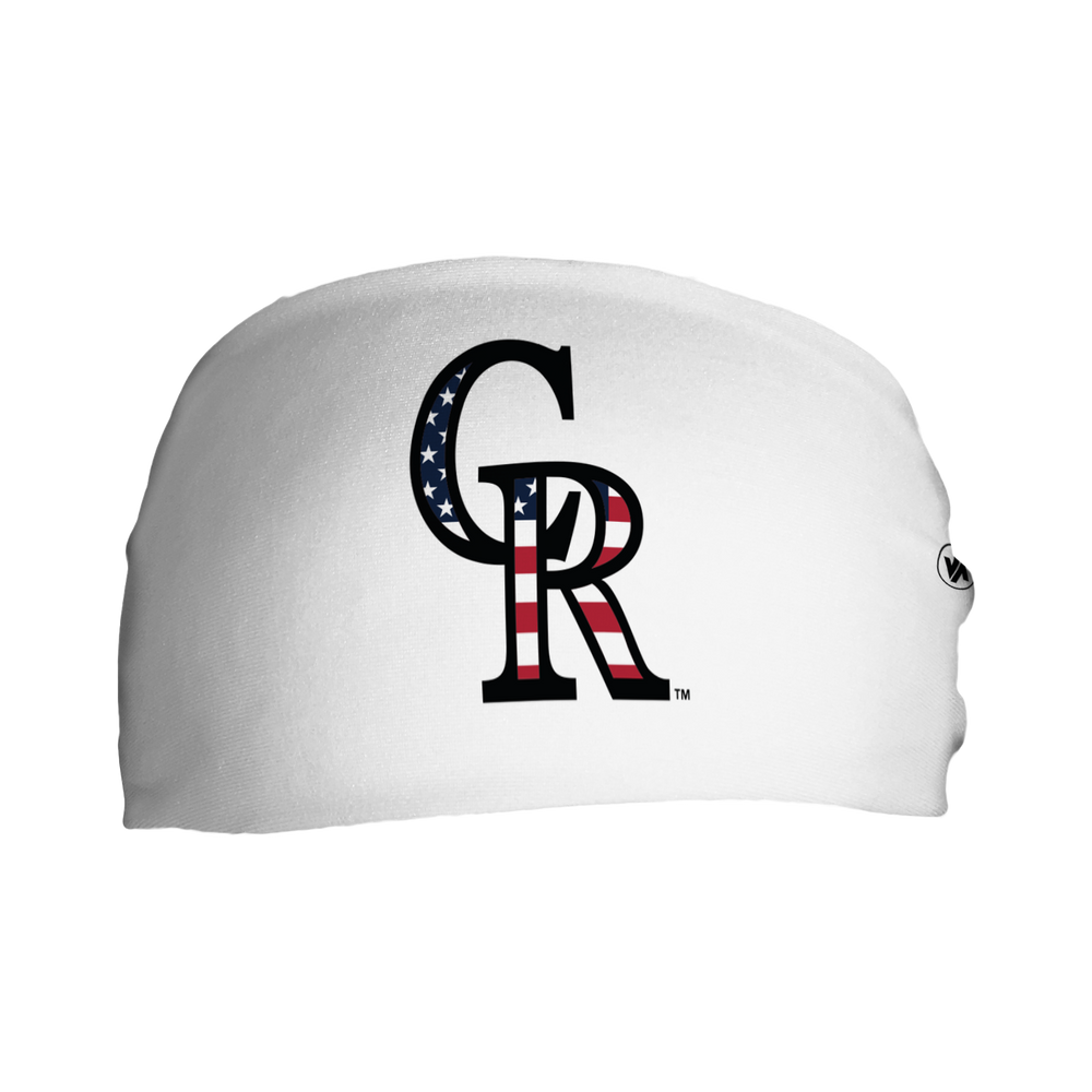 Front view of MLB Colorado Rockies white headband with flag filled cap logo. Made in USA, Vertical Athletics brand.
