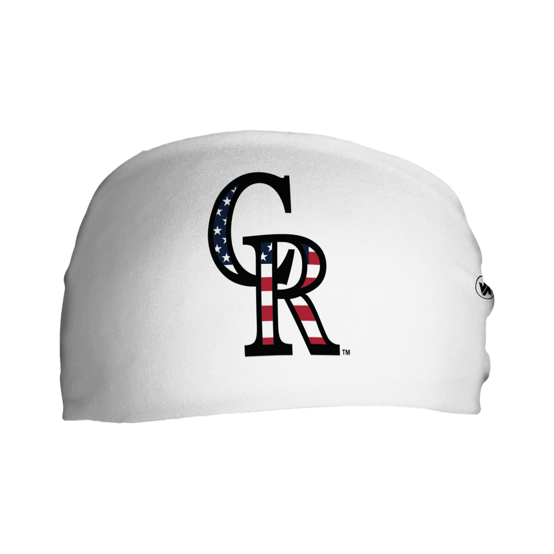 Front view of MLB Colorado Rockies white headband with flag filled cap logo. Made in USA, Vertical Athletics brand.