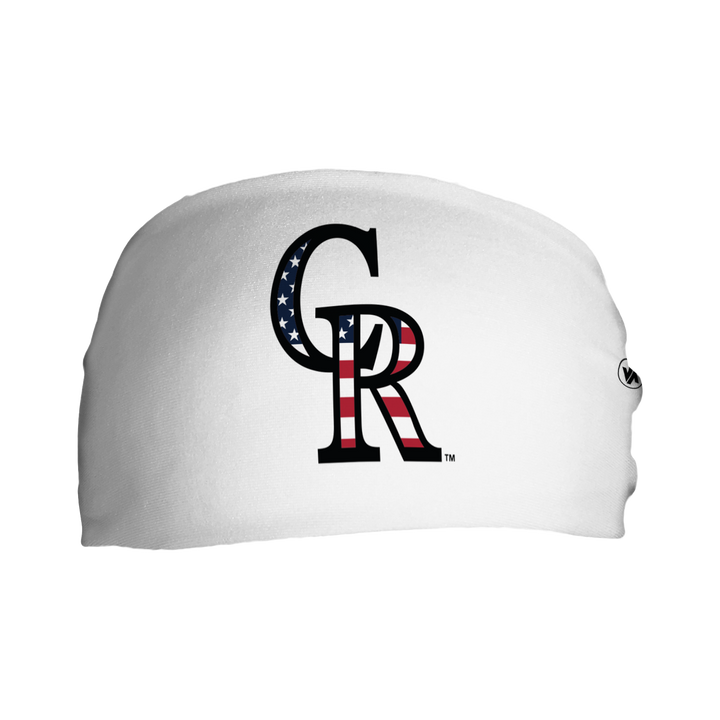 Front view of MLB Colorado Rockies white headband with flag filled cap logo. Made in USA, Vertical Athletics brand.