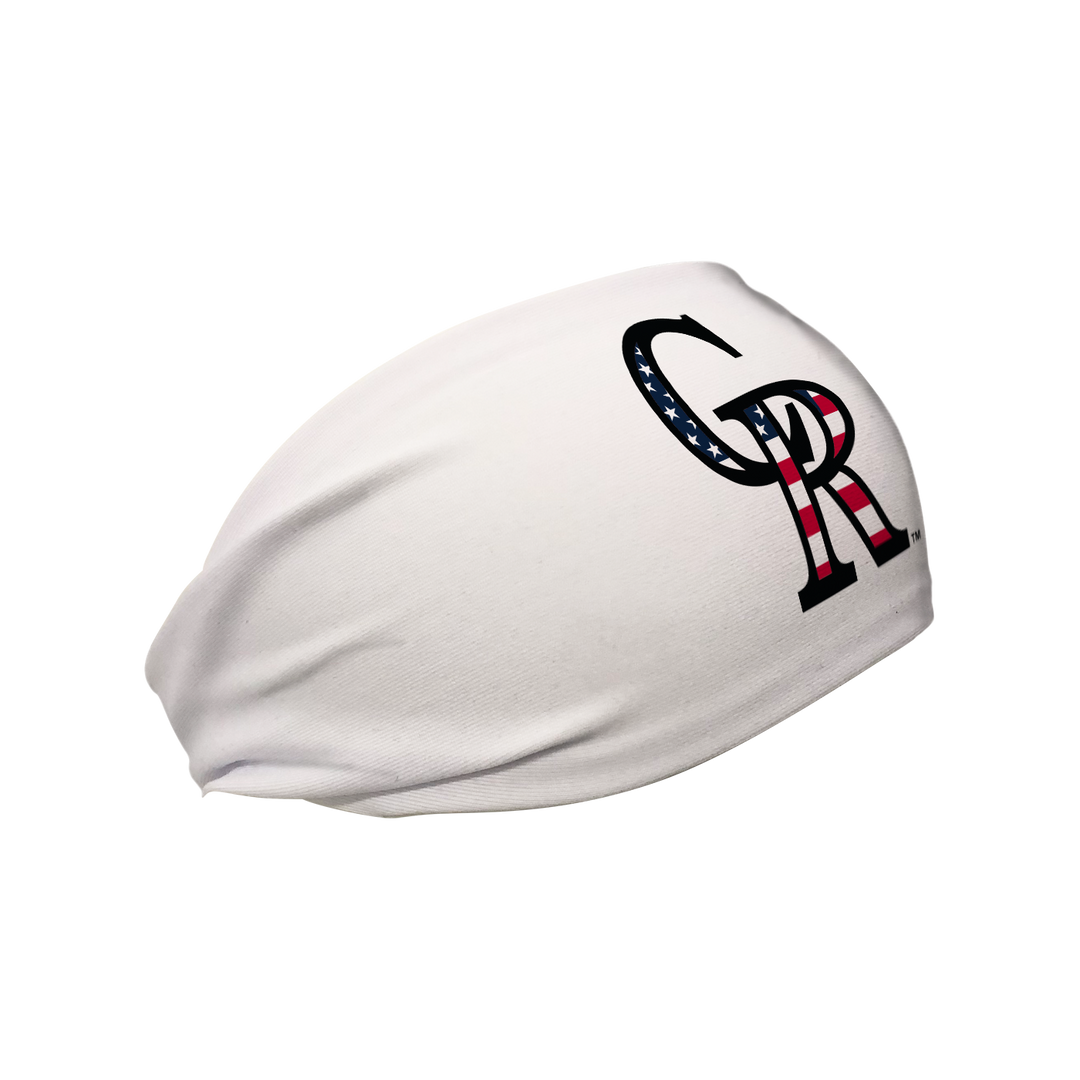 Side view of MLB Colorado Rockies white headband with flag filled cap logo. Made in USA, Vertical Athletics brand.  