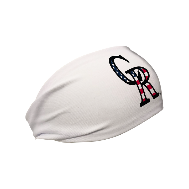 Side view of MLB Colorado Rockies white headband with flag filled cap logo. Made in USA, Vertical Athletics brand.  