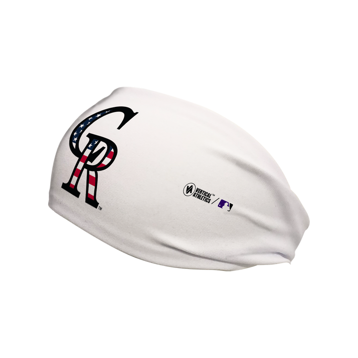 Side view of MLB Colorado Rockies white headband with flag filled cap logo. Made in USA, Vertical Athletics brand.