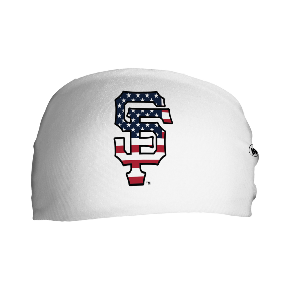 Front view of MLB San Francisco Giants white headband with flag filled cap logo. Made in USA, Vertical Athletics brand.  