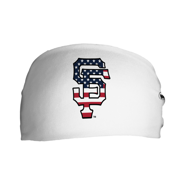 Front view of MLB San Francisco Giants white headband with flag filled cap logo. Made in USA, Vertical Athletics brand.  