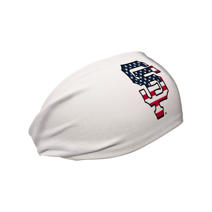 Side view of MLB San Francisco Giants white headband with flag filled cap logo. Made in USA, Vertical Athletics brand.  