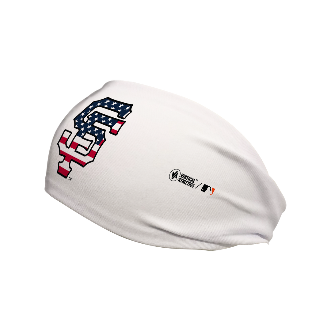 Side view of MLB San Francisco Giants white headband with flag filled cap logo. Made in USA, Vertical Athletics brand.  