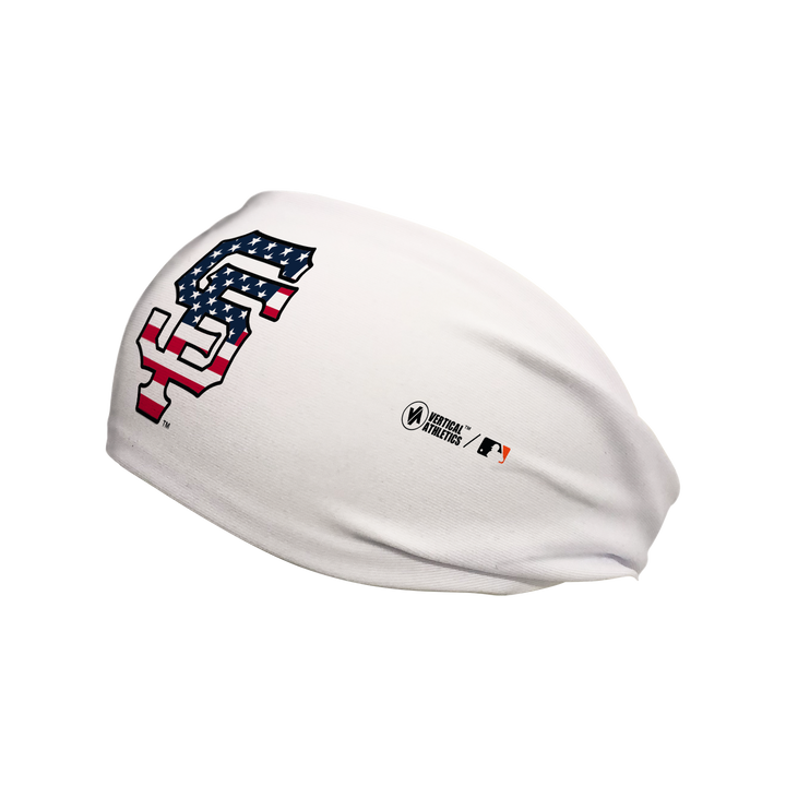 Side view of MLB San Francisco Giants white headband with flag filled cap logo. Made in USA, Vertical Athletics brand.  