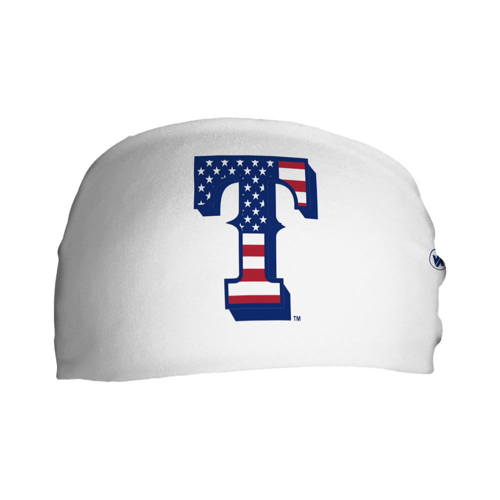 Front view of MLB Texas Rangers white headband with flag filled cap logo. Made in USA, Vertical Athletics brand.  