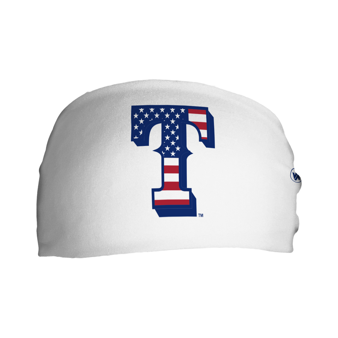 Front view of MLB Texas Rangers white headband with flag filled cap logo. Made in USA, Vertical Athletics brand.  