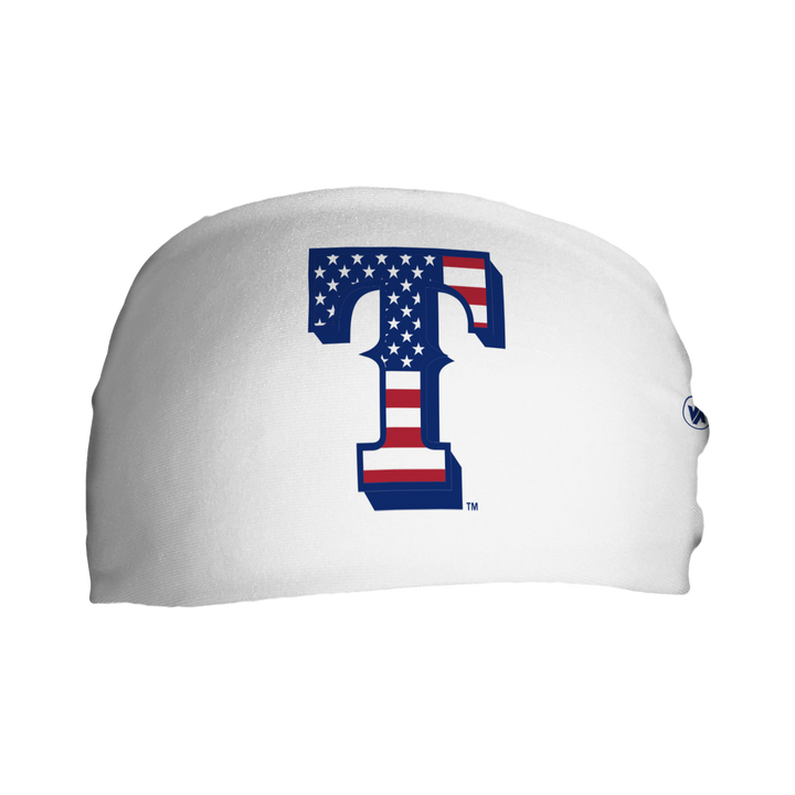 Front view of MLB Texas Rangers white headband with flag filled cap logo. Made in USA, Vertical Athletics brand.  