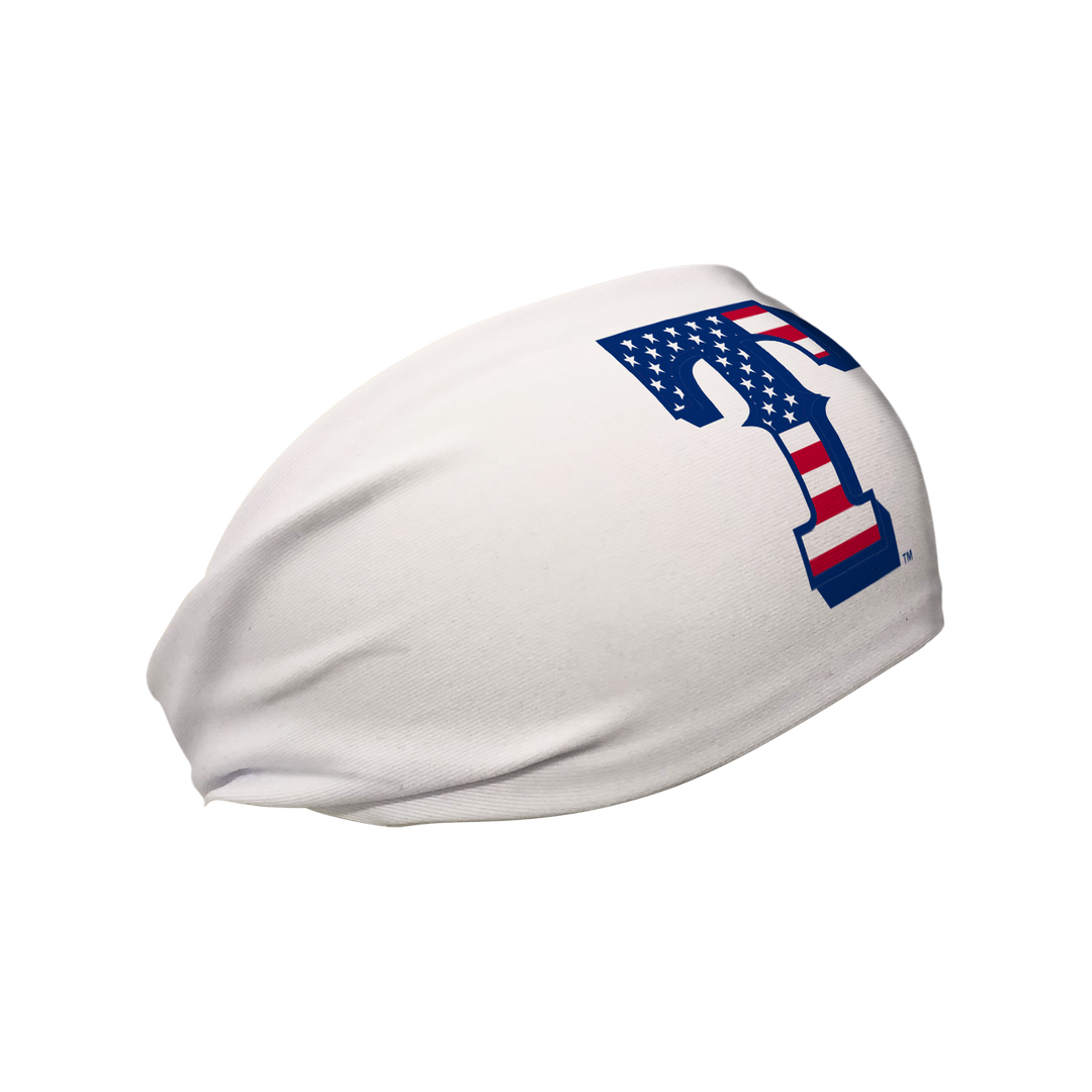 Side view of MLB Texas Rangers white headband with flag filled cap logo. Made in USA, Vertical Athletics brand.  
