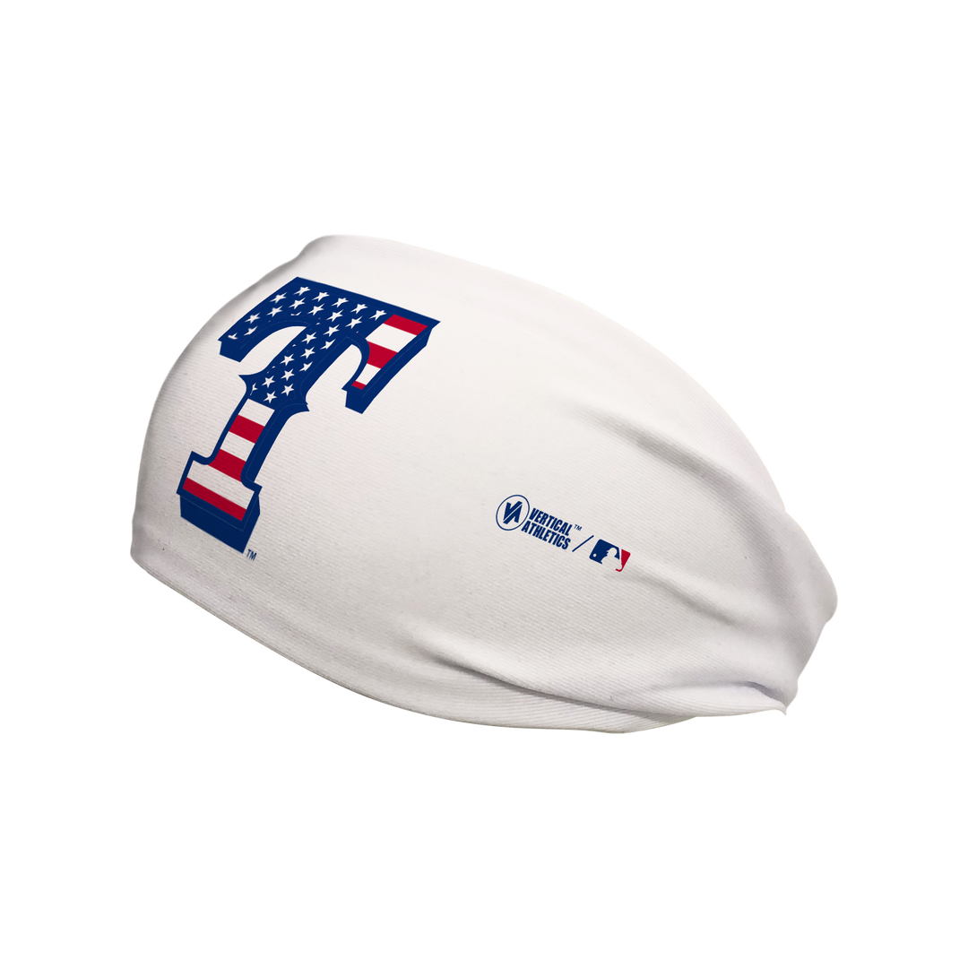 Side view of MLB Texas Rangers white headband with flag filled cap logo. Made in USA, Vertical Athletics brand.  