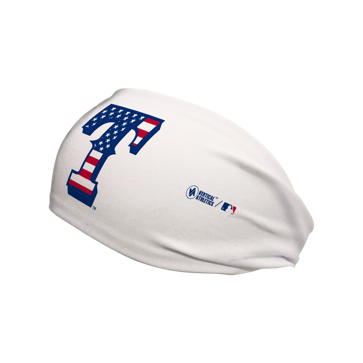 Side view of MLB Texas Rangers white headband with flag filled cap logo. Made in USA, Vertical Athletics brand.  