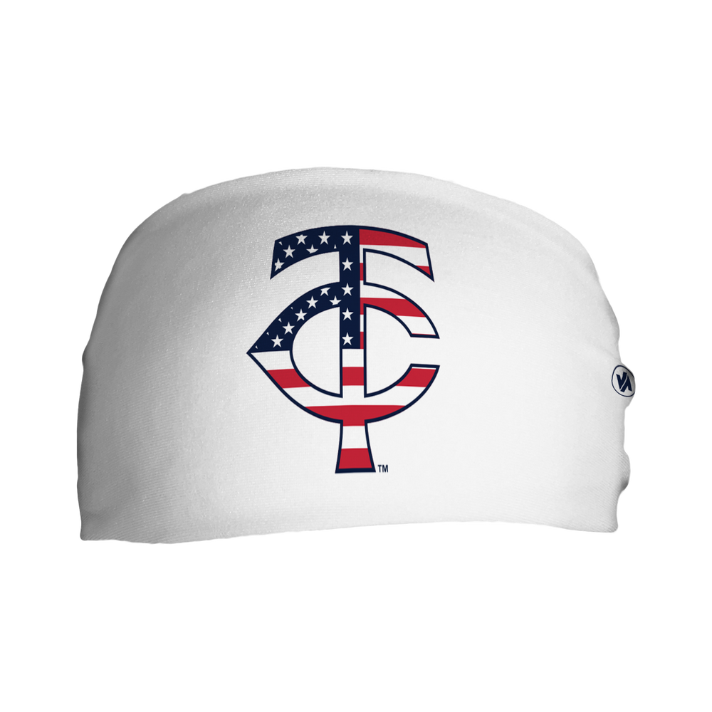 Front view of MLB Minnesota Twins white headband with flag filled cap logo. Made in USA, Vertical Athletics brand. 