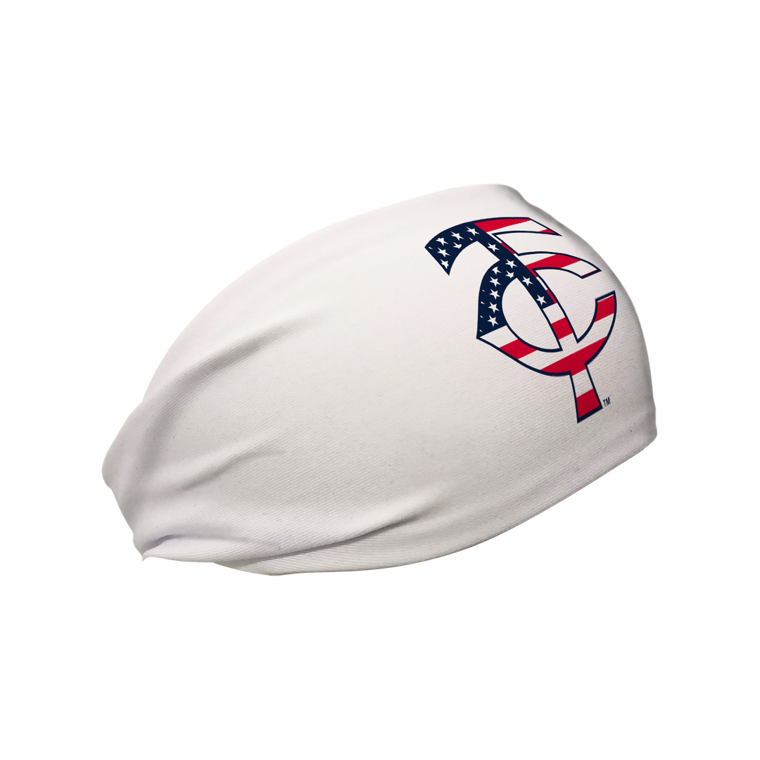Side view of MLB Minnesota Twins white headband with flag filled cap logo. Made in USA, Vertical Athletics brand.  