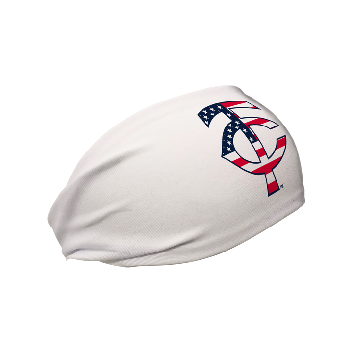 Side view of MLB Minnesota Twins white headband with flag filled cap logo. Made in USA, Vertical Athletics brand.  