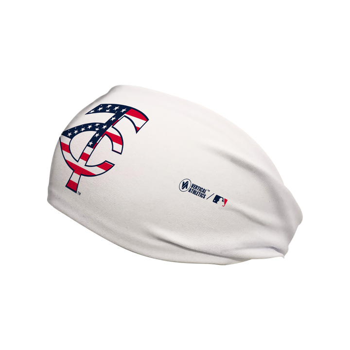 Side view of Minnesota Twins white headband with flag filled cap logo. Made in USA, Vertical Athletics brand.  