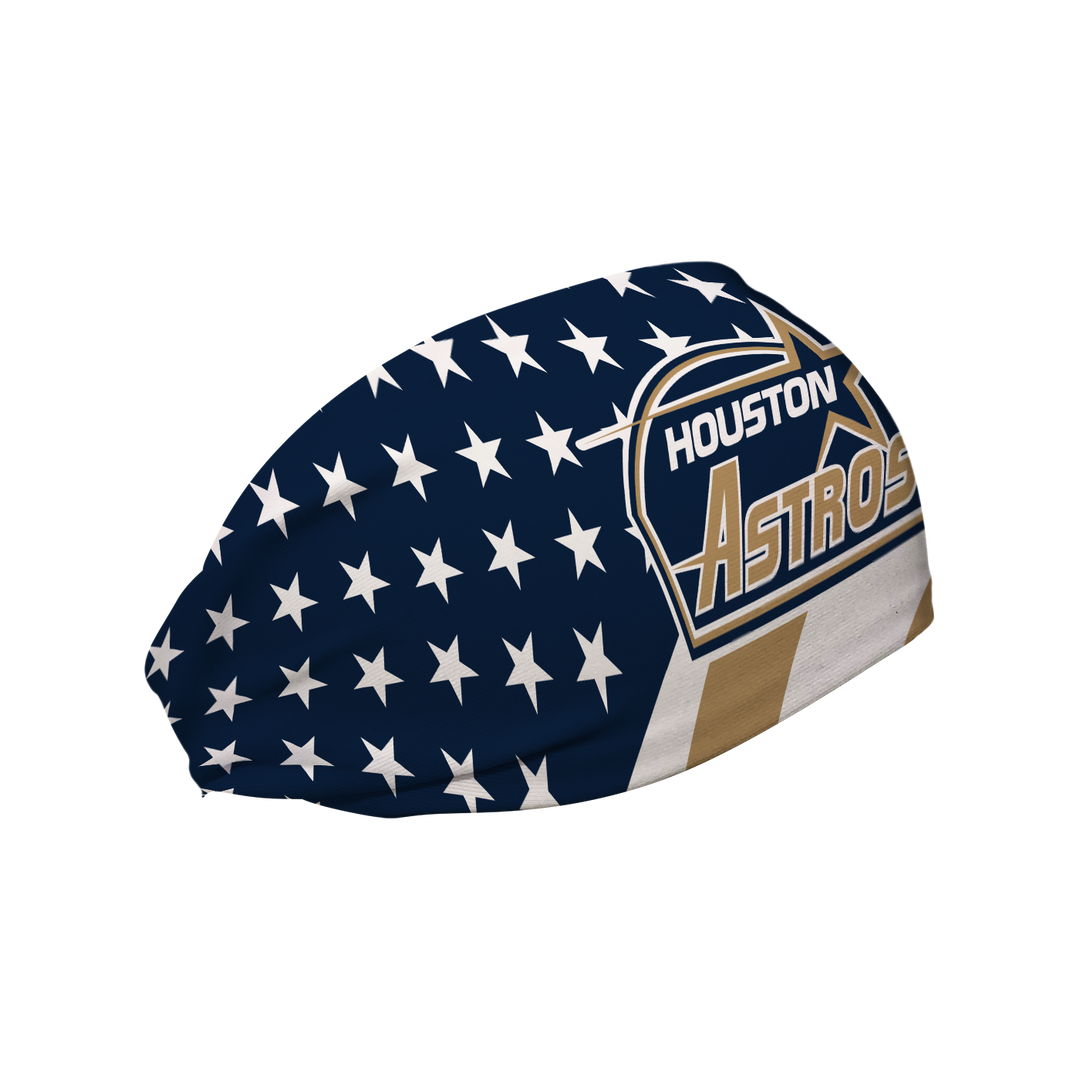 MLB Houston Astros Stars and Stripes cooling headband with Coop Logo. Made in USA, Vertical Athletics brand.