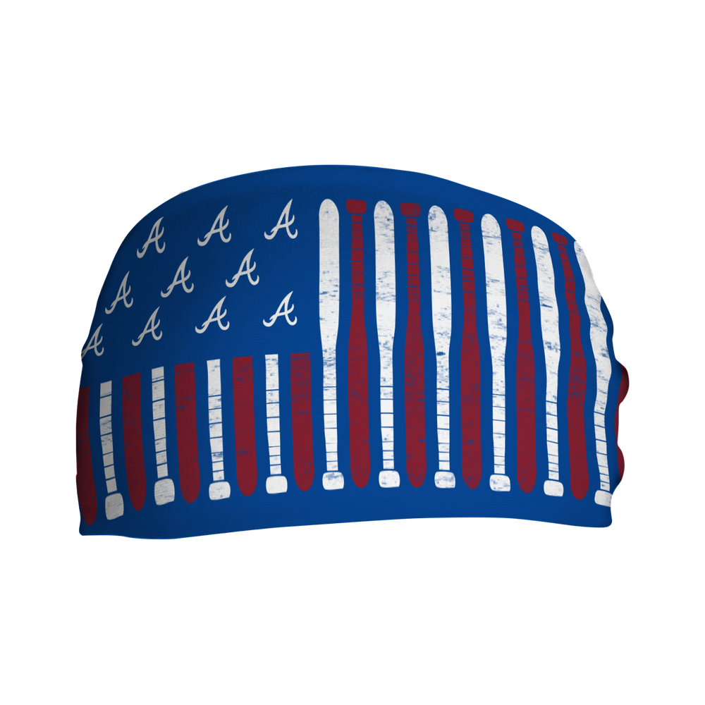 MLB licensed Atlanta Braves blue cooling headband with Baseball Flag logo. Made in the USA, Vertical Athletics brand.  