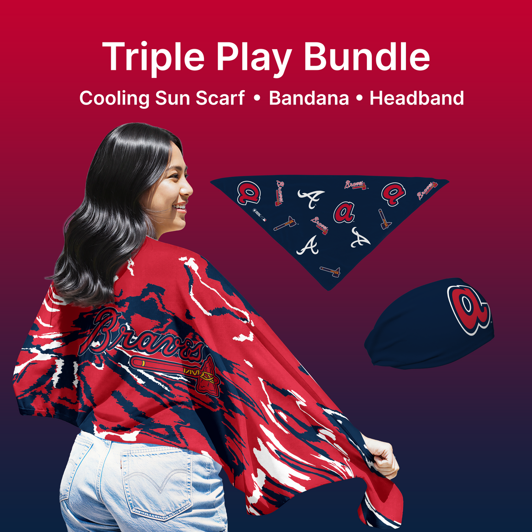 
MLB licensed Atlanta Braves Play Cooling Bundle: Cooling Sun Scarf + Bandana + Headband.Made in USA. Vertical Athletics Brand. 