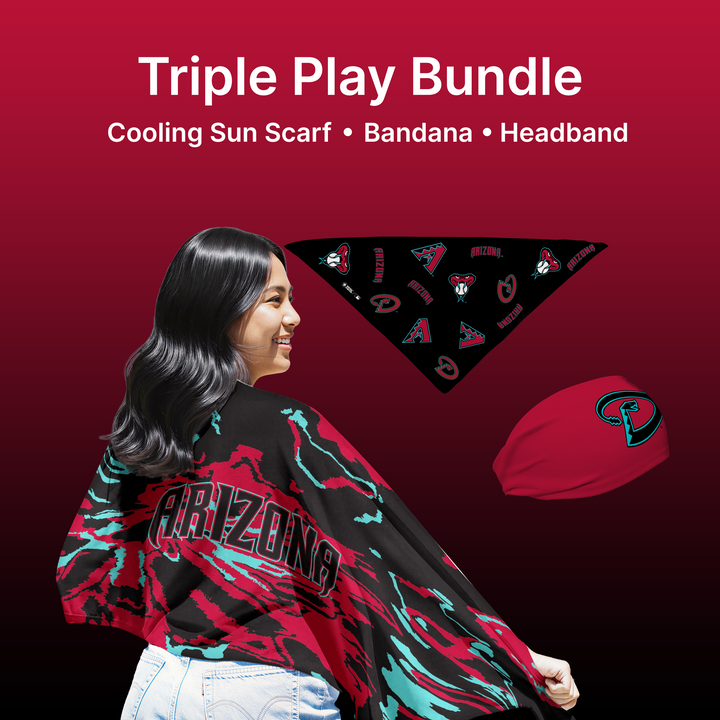 
MLB licensed Arizona Diamondbacks Play Cooling Bundle: Cooling Sun Scarf + Bandana + Headband.Made in USA. Vertical Athletics Brand. 