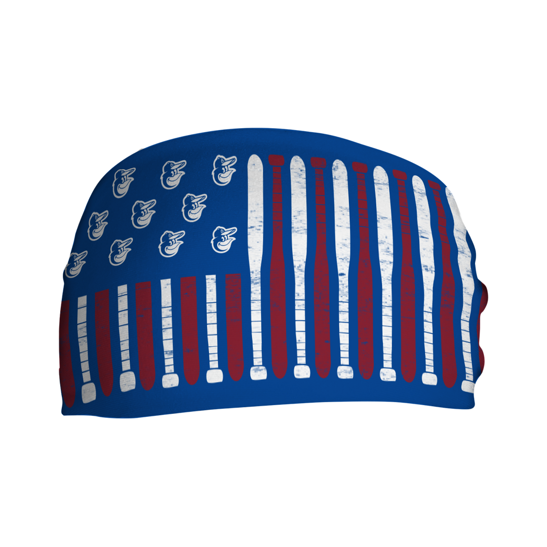 MLB licensed Boston Orioles blue cooling headband with Baseball Flag logo. Made in the USA, Vertical Athletics brand.