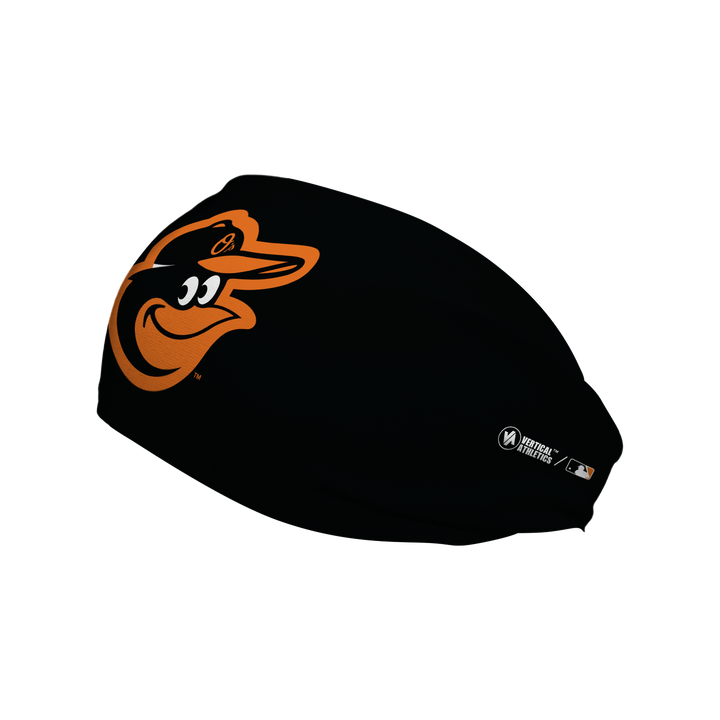 Side view of MLB Baltimore Orioles black headband with the birds logo. Made in USA, Vertical Athletics brand. 