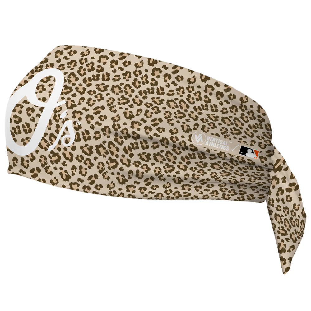 MLB Baltimore Orioles wide tieback cooling headband with Cheetah Cap Logo. Vertical Athletics brand. Made in Mexico.
