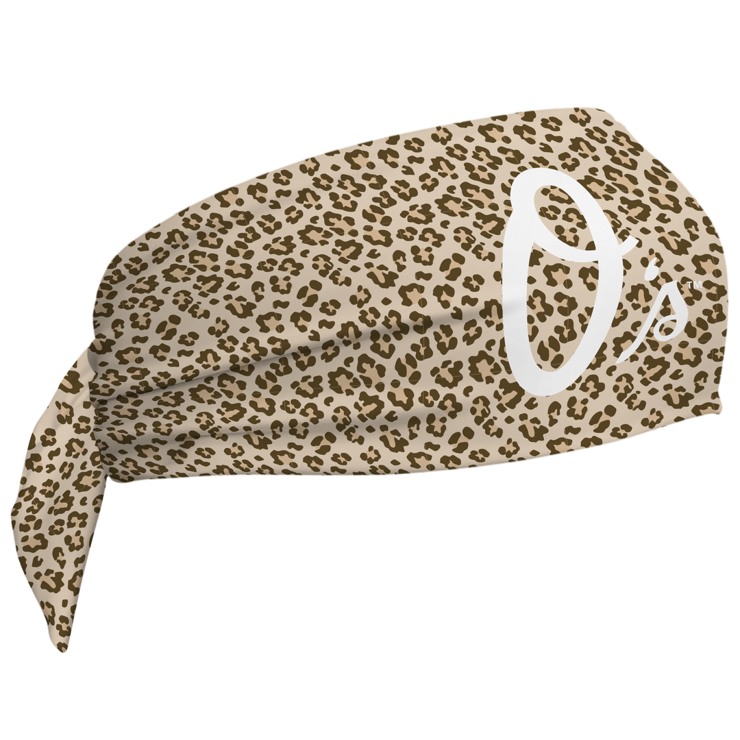 MLB Baltimore Orioles wide tieback cooling headband with Cheetah Cap Logo. Vertical Athletics brand. Made in Mexico.