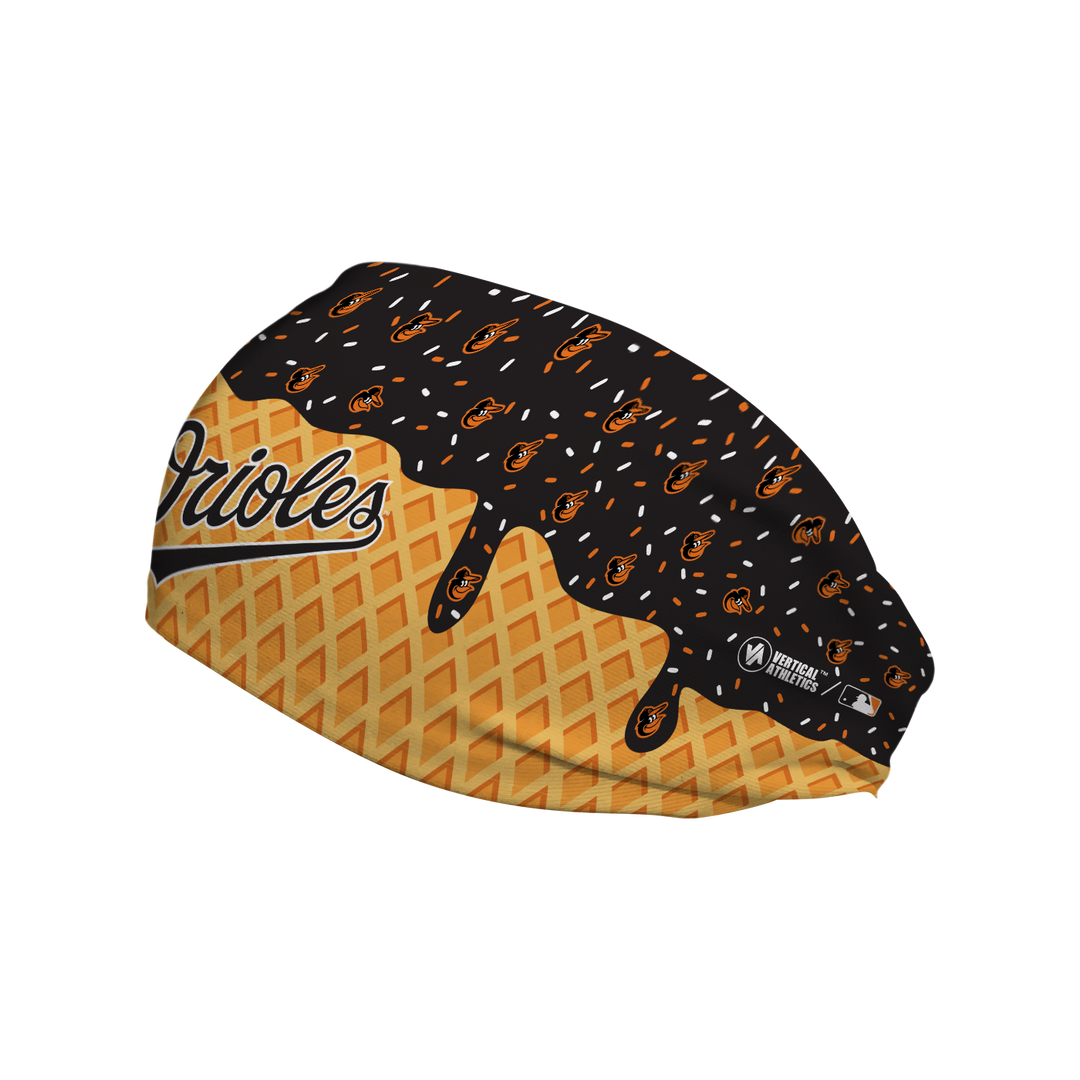 MLB licensed Baltimore Orioles cooling headband with Ice Cream Drip Wordmark. Made in the USA, Vertical Athletics brand.