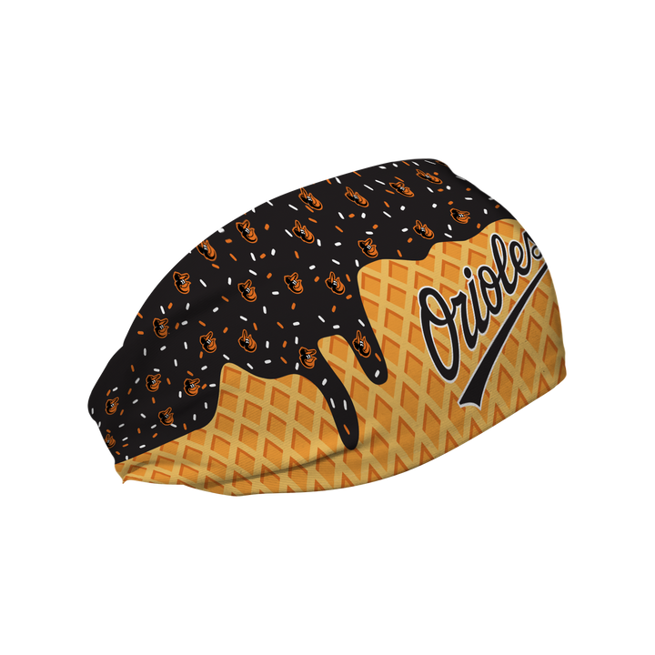 MLB licensed Baltimore Orioles cooling headband with Ice Cream Drip Wordmark. Made in the USA, Vertical Athletics brand.