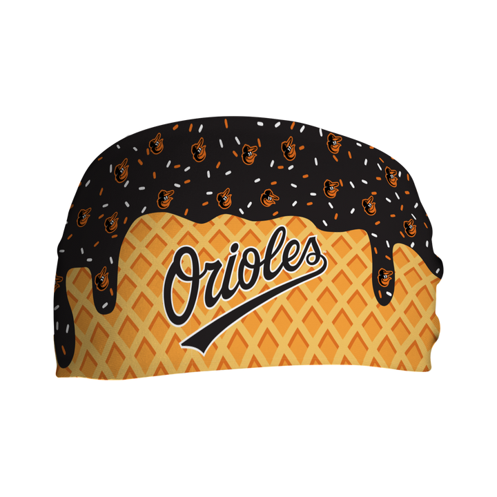 MLB licensed Baltimore Orioles cooling headband with Ice Cream Drip Wordmark. Made in the USA, Vertical Athletics brand.