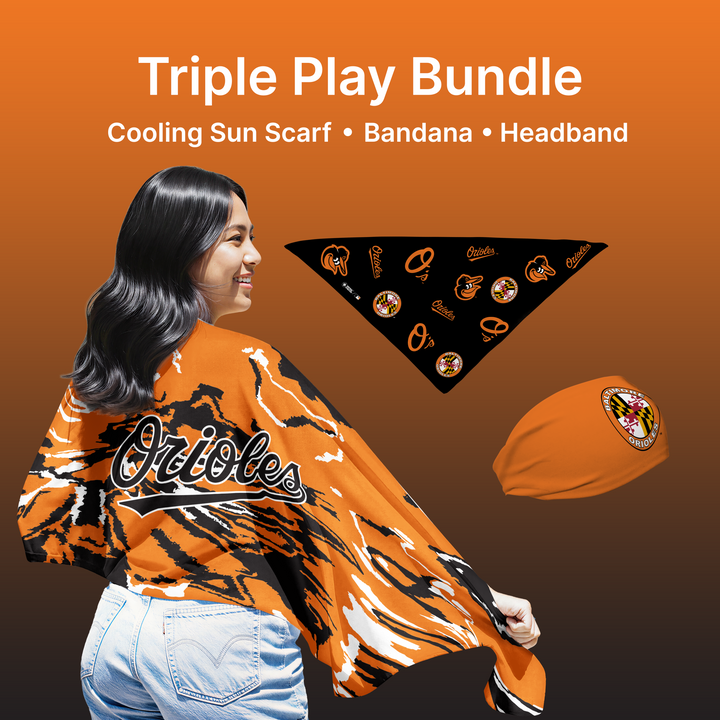 MLB licensed Baltimore Orioles Play Cooling Bundle: Cooling Sun Scarf + Bandana + Headband.Made in USA. Vertical Athletics Brand. 