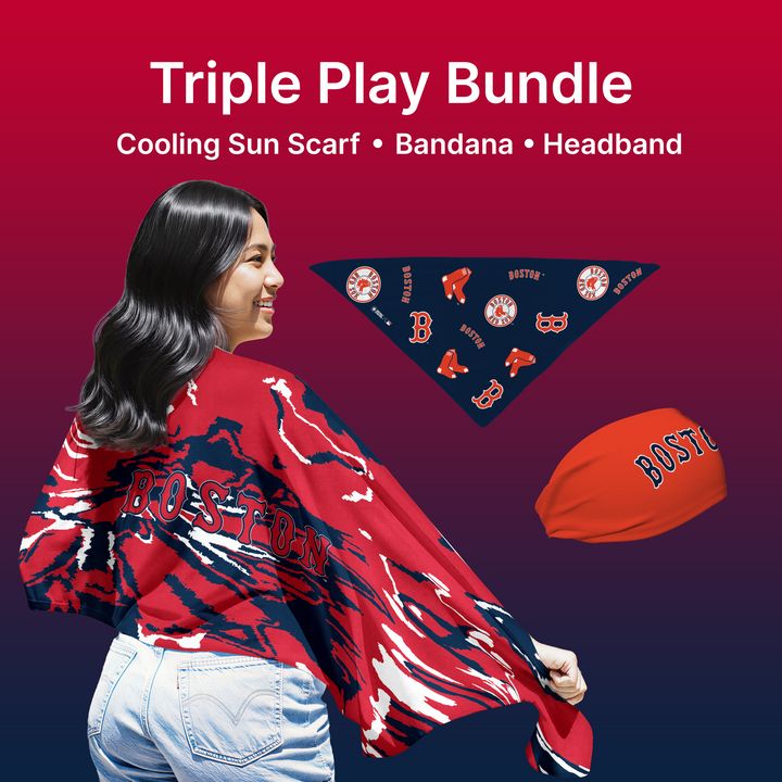 MLB licensed Boston Red Sox Triple Play Cooling Bundle: Cooling Sun Scarf + Bandana + Headband. Made in USA. Vertical Athletics Brand. 
