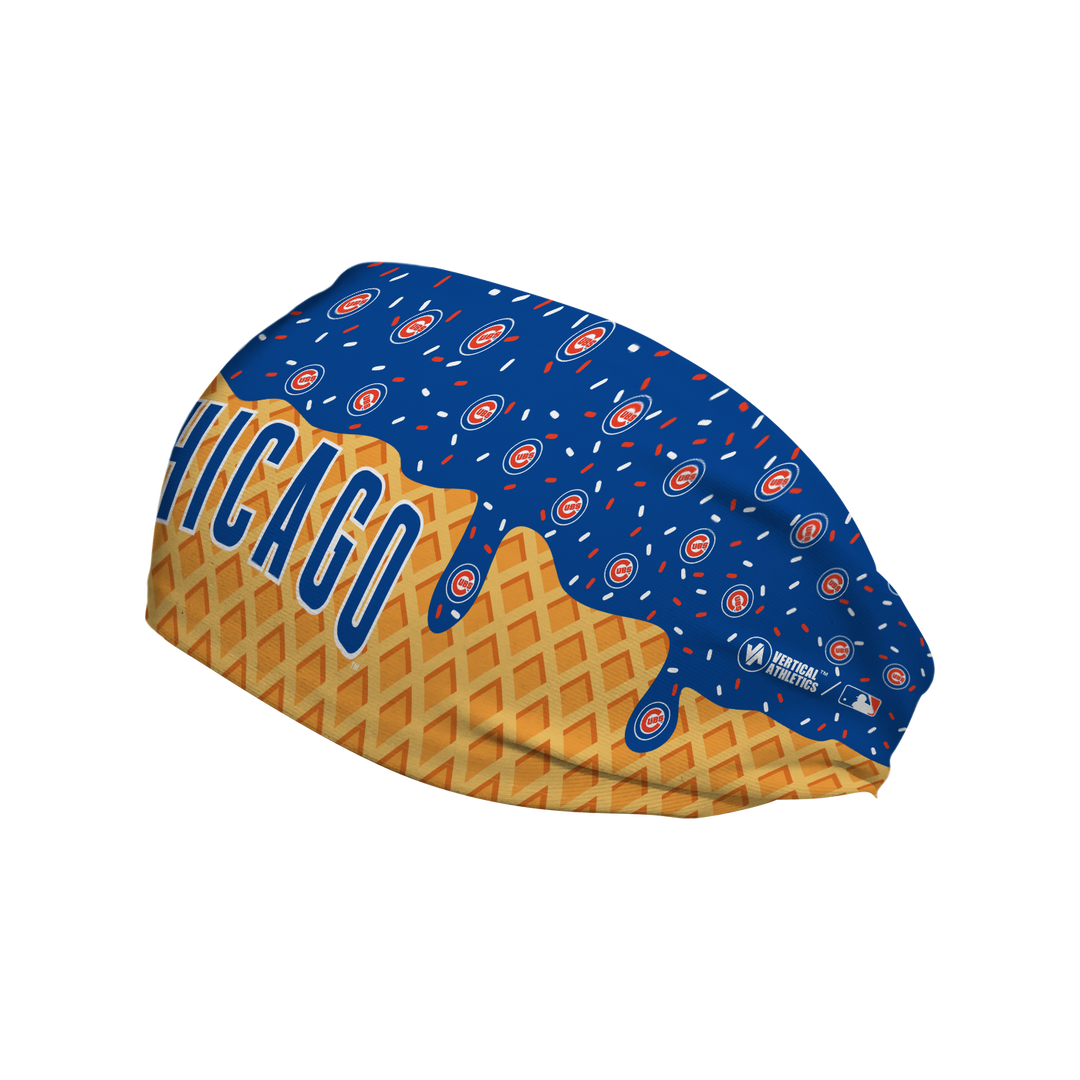 MLB licensed Chicago Cubs cooling headband with Ice Cream Drip Wordmark. Made in the USA, Vertical Athletics brand.