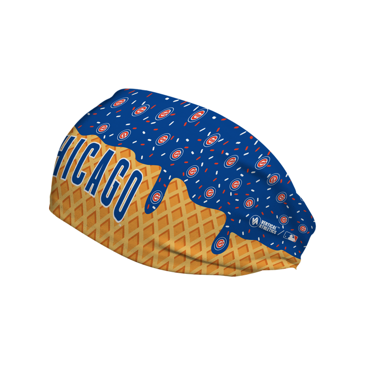 MLB licensed Chicago Cubs cooling headband with Ice Cream Drip Wordmark. Made in the USA, Vertical Athletics brand.