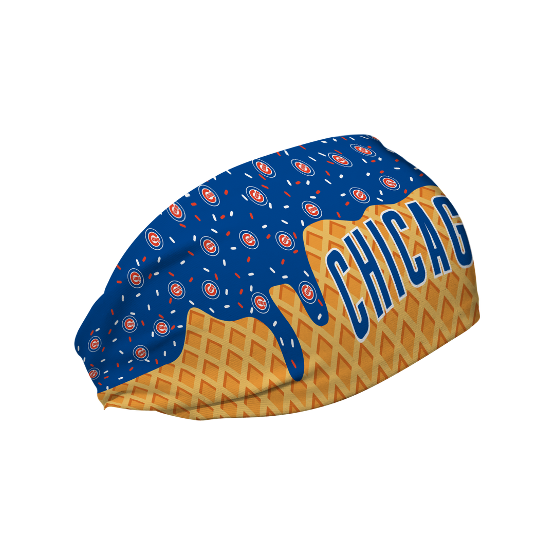 MLB licensed Chicago Cubs cooling headband with Ice Cream Drip Wordmark. Made in the USA, Vertical Athletics brand.