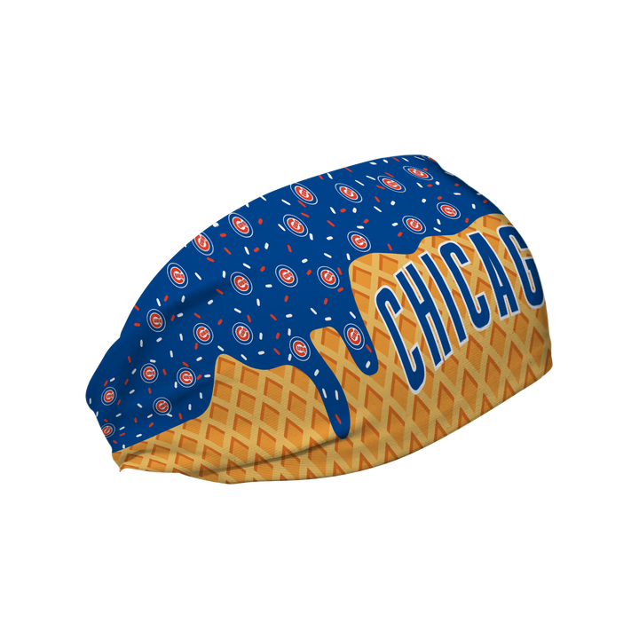 MLB licensed Chicago Cubs cooling headband with Ice Cream Drip Wordmark. Made in the USA, Vertical Athletics brand.