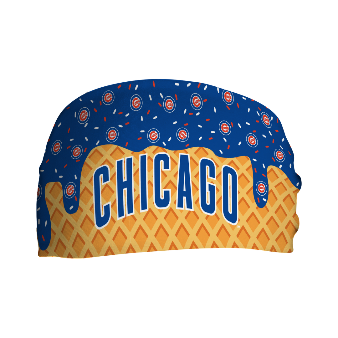 MLB licensed Chicago Cubs cooling headband with Ice Cream Drip Wordmark. Made in the USA, Vertical Athletics brand.