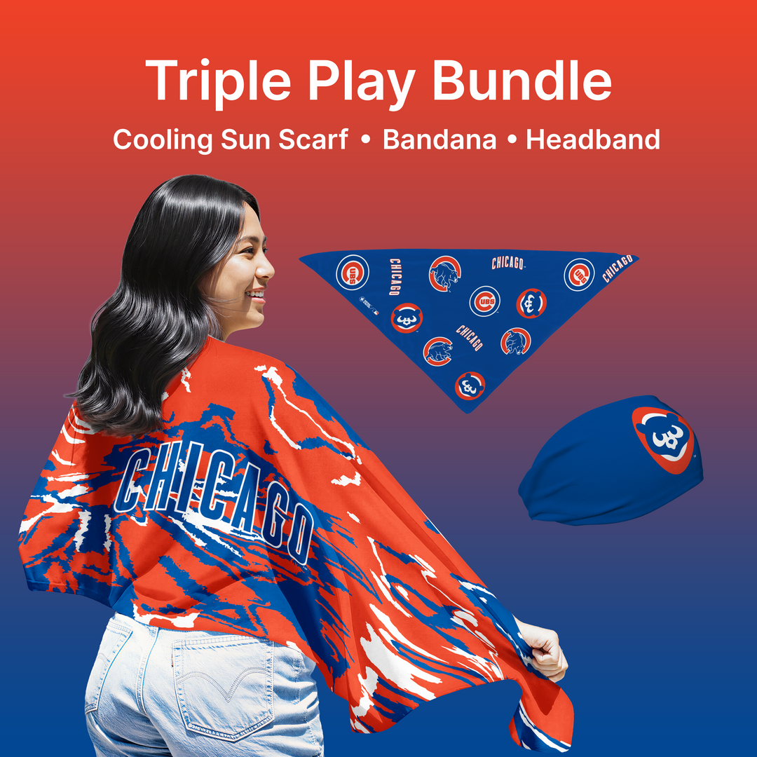 MLB licensed Chicago Cubs Triple Play Cooling Bundle: Cooling Sun Scarf + Bandana + Headband. Made in USA. Vertical Athletics Brand. 