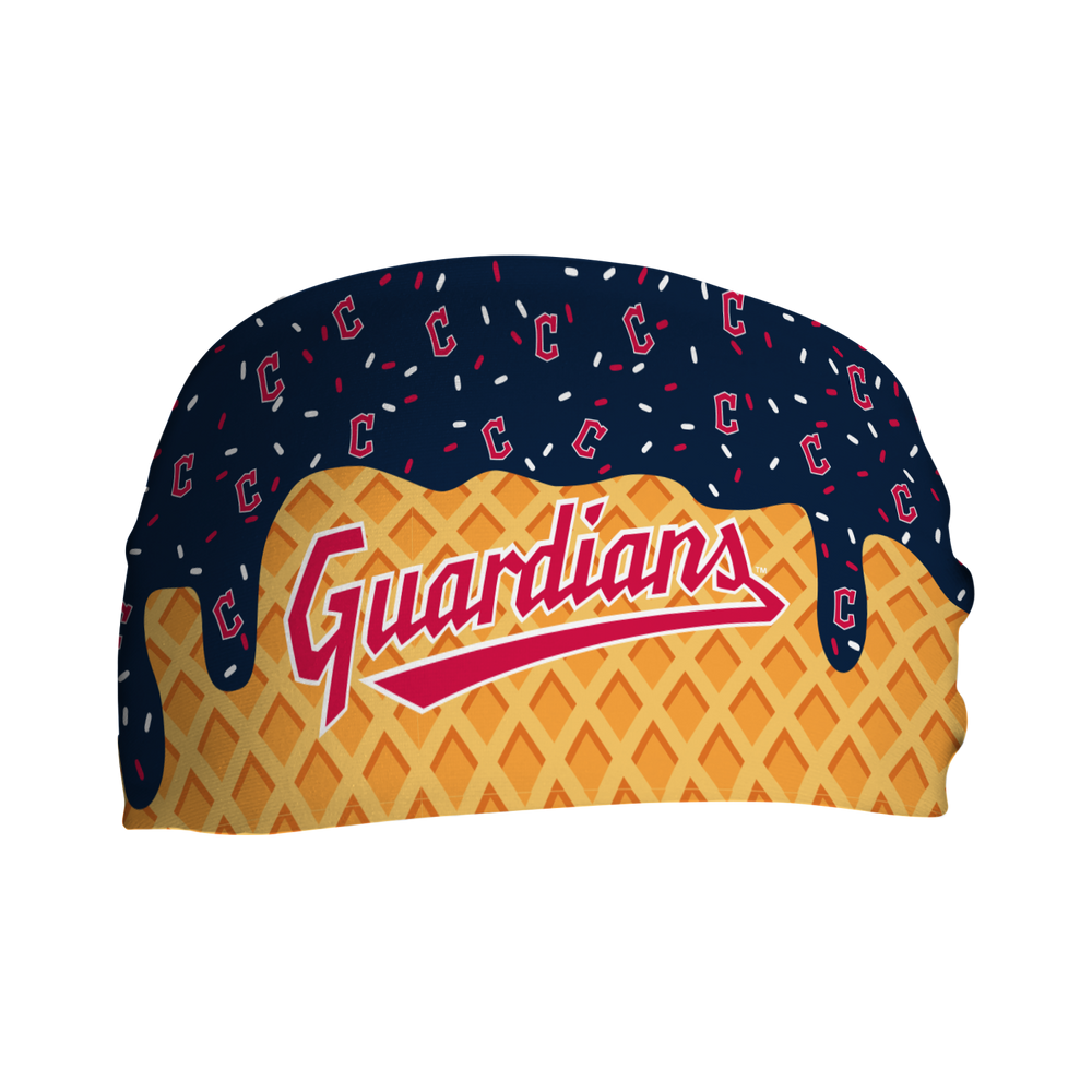 MLB licensed Cleveland Guardians cooling headband with Ice Cream Drip Wordmark. Made in the USA, Vertical Athletics brand.